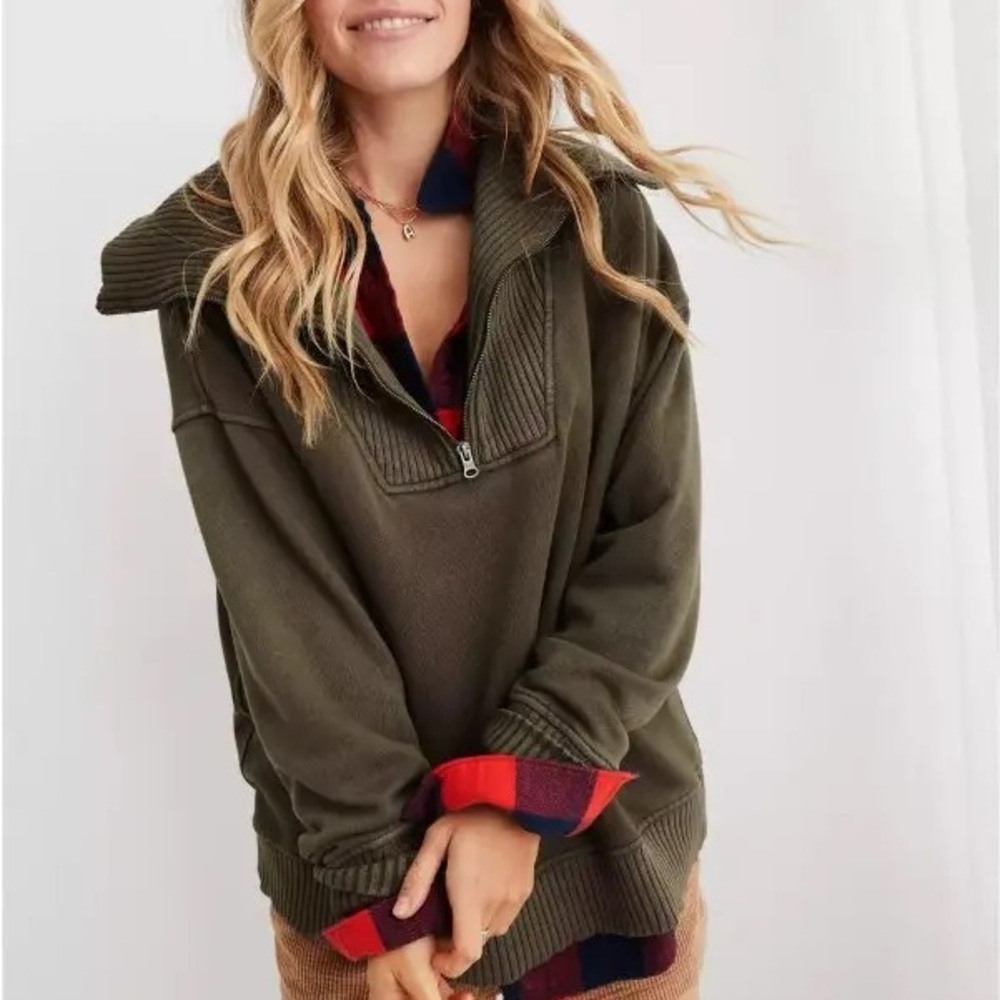 Aerie Down To Earth 1/4 Zip Olive Green Size XS Sweater Sweatshirt
